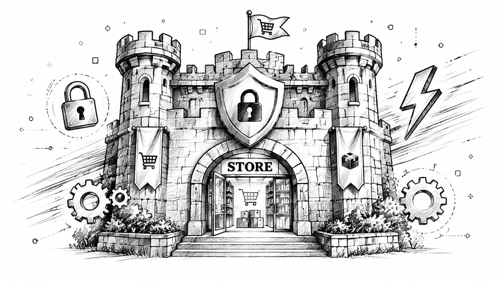 A conceptual sketch of a stone castle fortress representing secure online store e-commerce website protection.