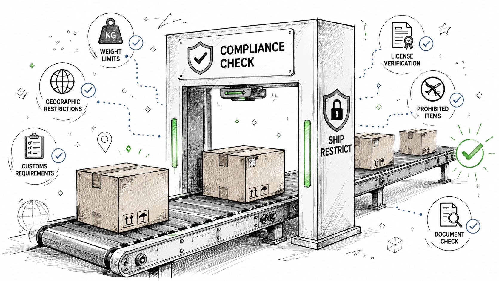 A conceptual illustration of an automated compliance check system for shipping packages on a conveyor belt.