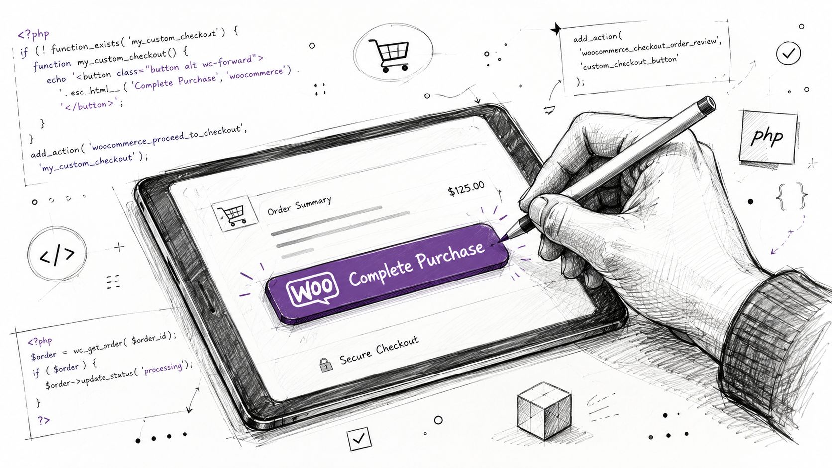 A hand using a digital pen on a tablet to sketch a custom WooCommerce checkout purchase button.