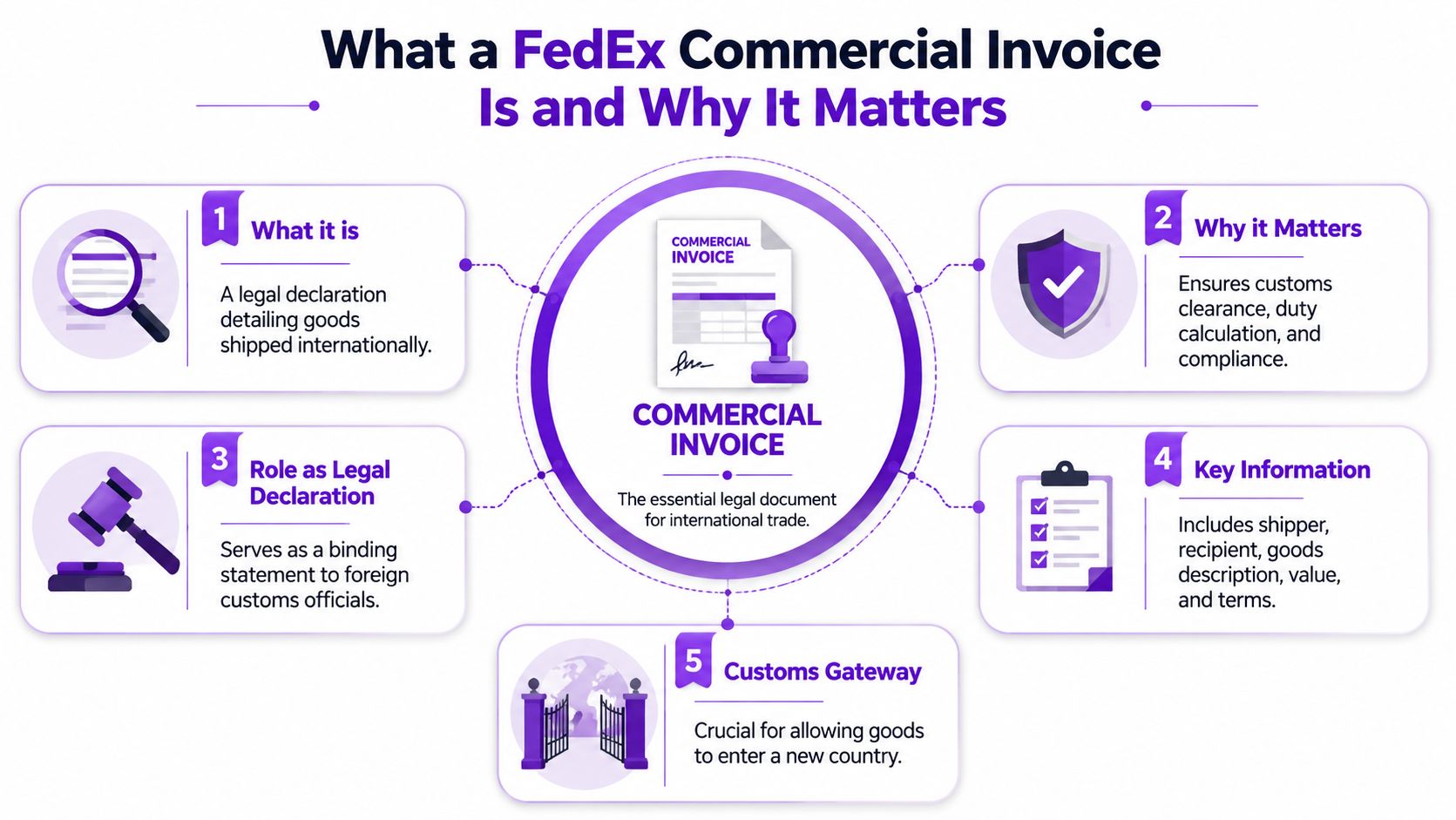An infographic explaining what a FedEx commercial invoice is and why it is important for international trade.