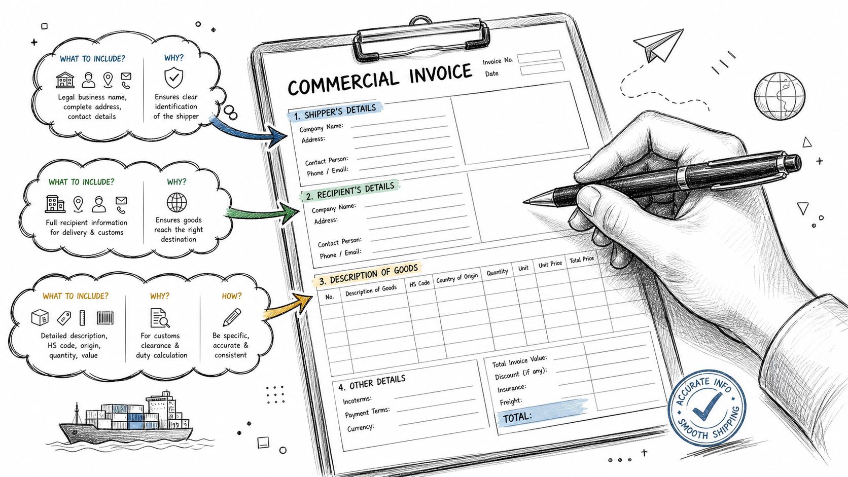 A hand drawing a commercial invoice form with instructional clouds explaining the required shipping document details.