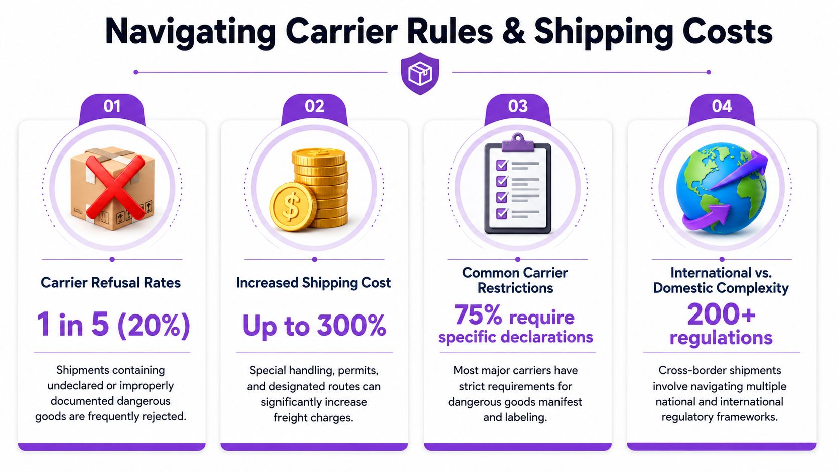 An infographic titled Navigating Carrier Rules and Shipping Costs showing statistics about shipping dangerous goods and regulations.