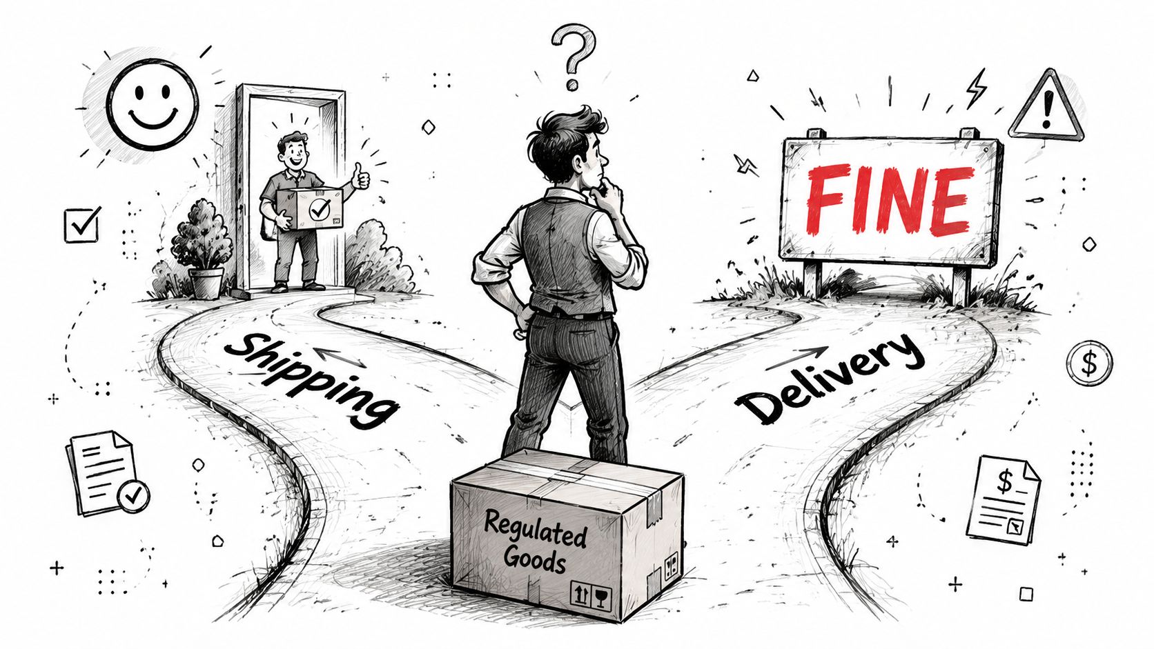 A person choosing between shipping and delivery paths for regulated goods, facing potential fines for incorrect choice.