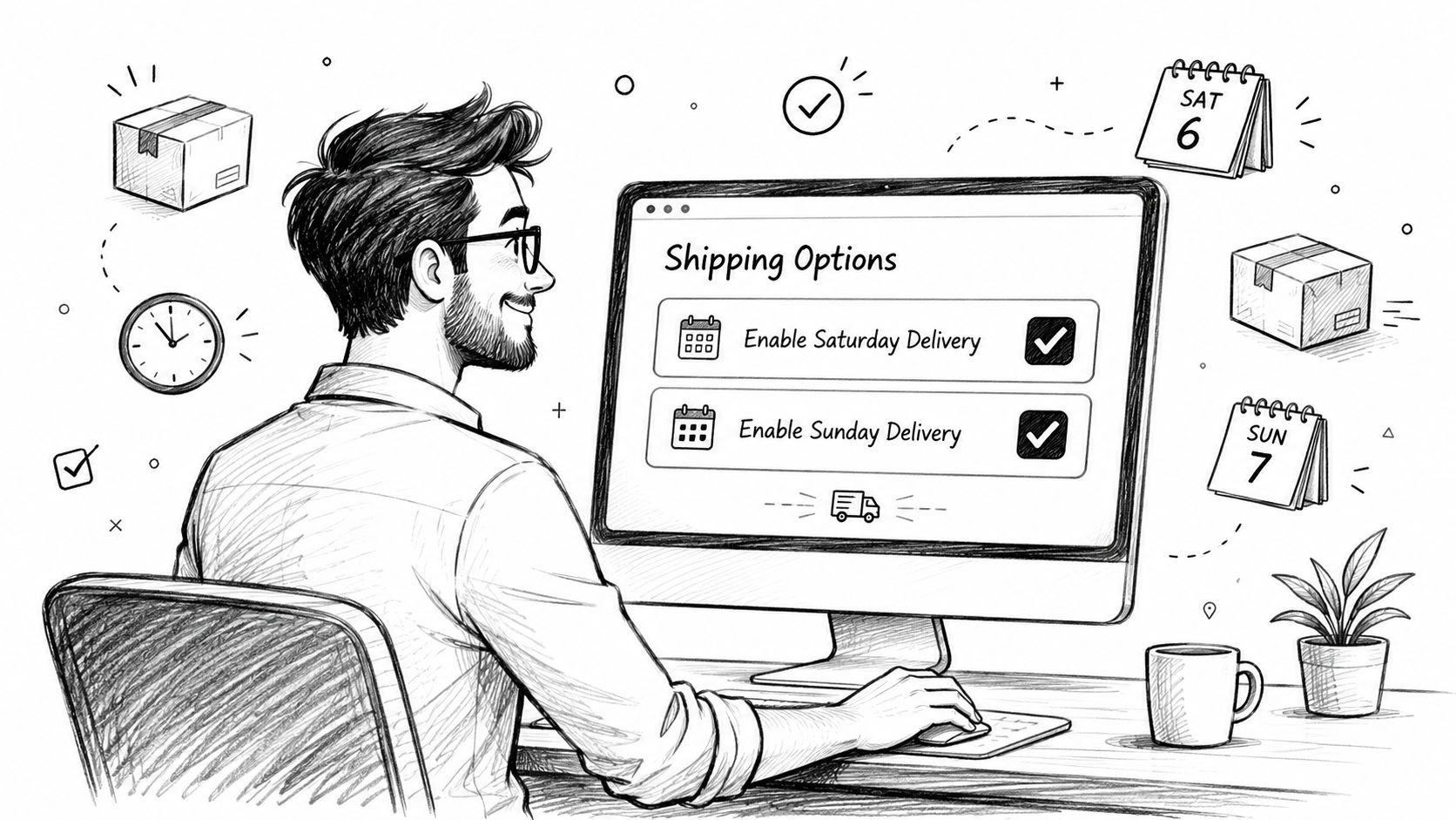 A man smiling while selecting Saturday and Sunday delivery options on his computer screen in a home office.