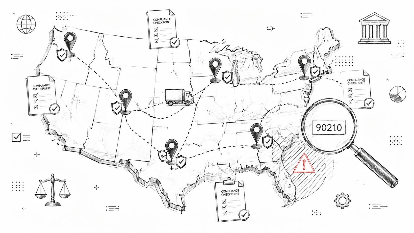 A hand-drawn sketch map of the United States with logistical checkpoints, delivery truck, and compliance documentation icons.