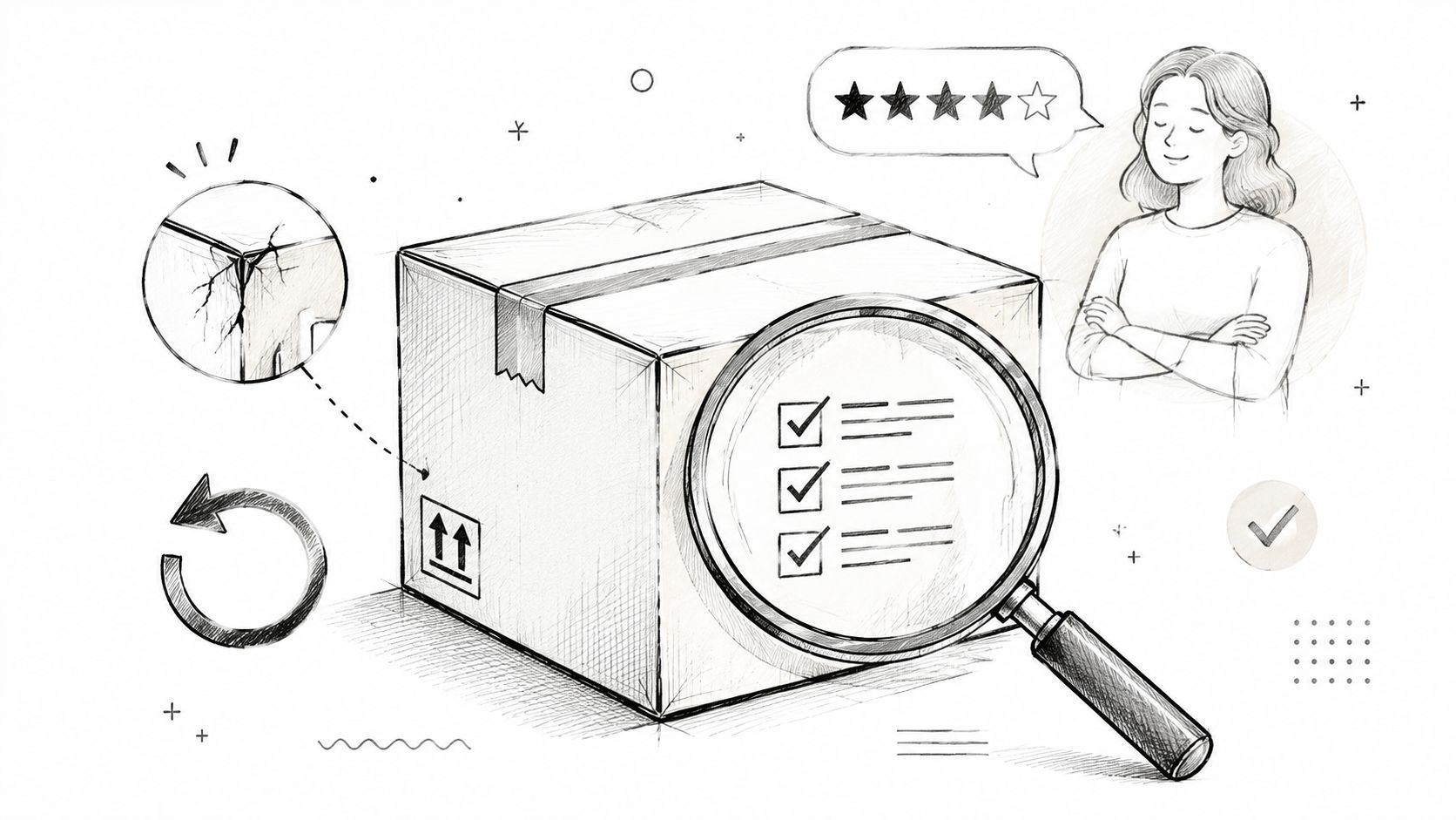A pencil sketch illustration of a parcel box being inspected, with shipping return and customer satisfaction symbols.