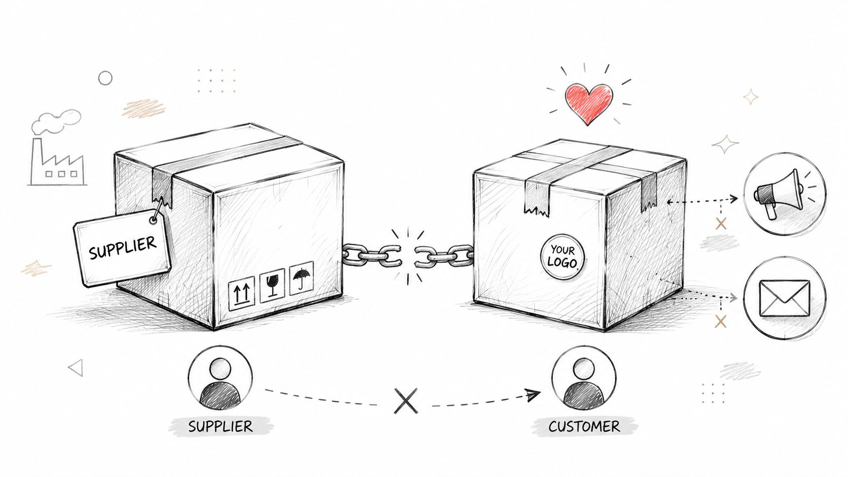 A hand-drawn illustration depicting a broken link between a supplier box and a branded customer box.
