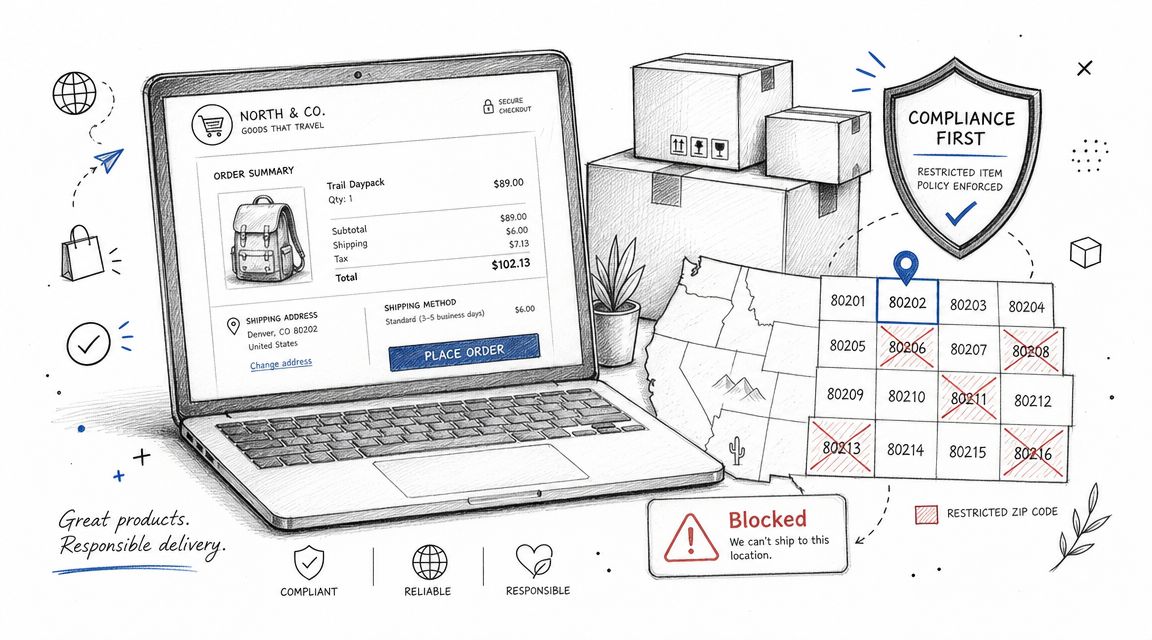 A laptop screen showing an e-commerce checkout page with a restricted zip code delivery warning notification.
