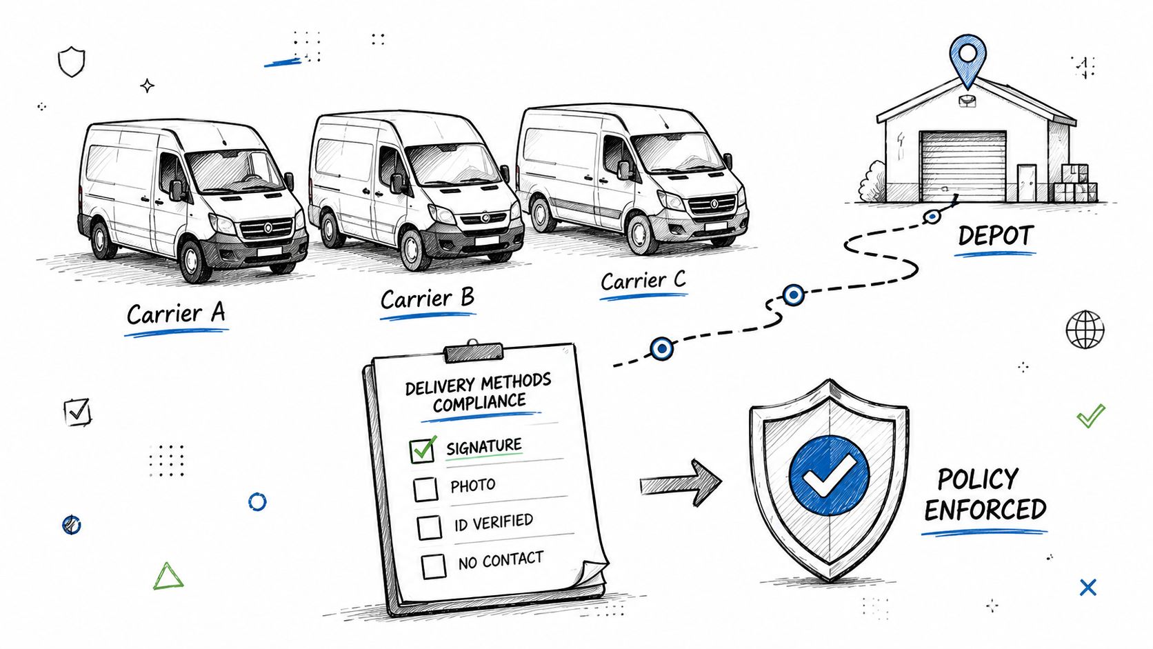 A conceptual diagram showing delivery vans, a depot, and a compliance checklist for delivery methods and policies.