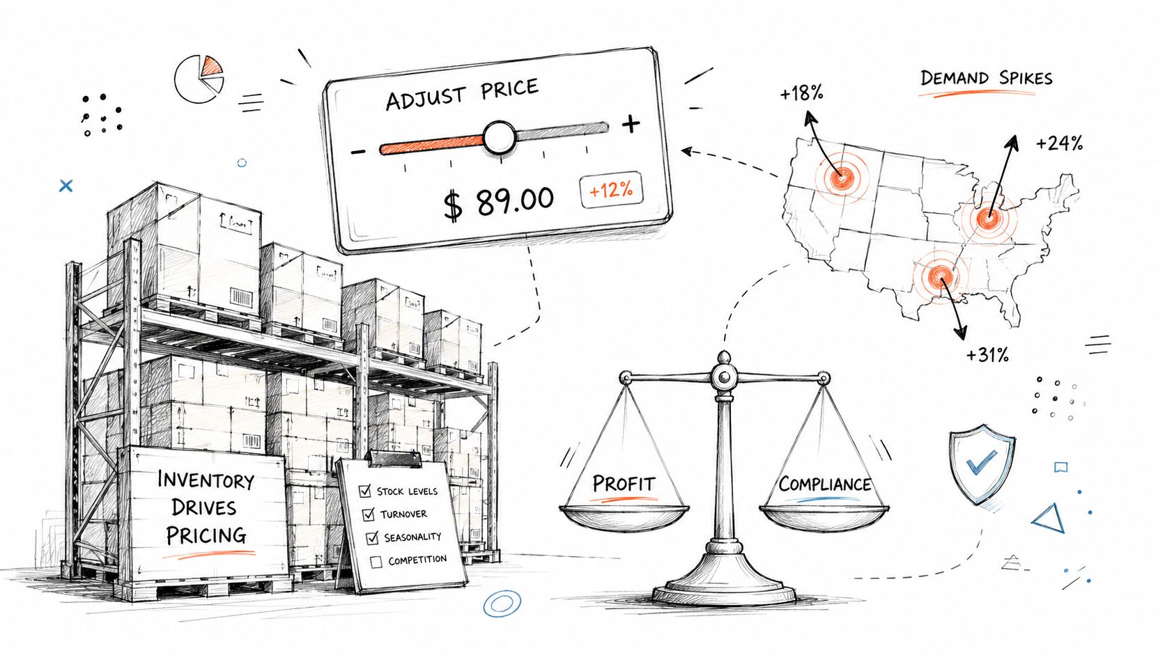 A hand-drawn illustration depicting dynamic pricing concepts with inventory management, pricing sliders, regional demand spikes, and balanced business scales.
