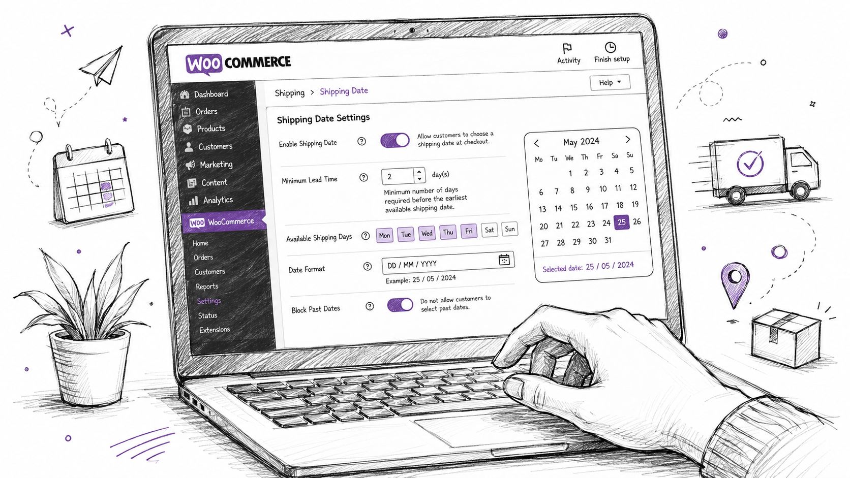 A hand using a laptop to configure WooCommerce shipping date settings in a digital dashboard interface.