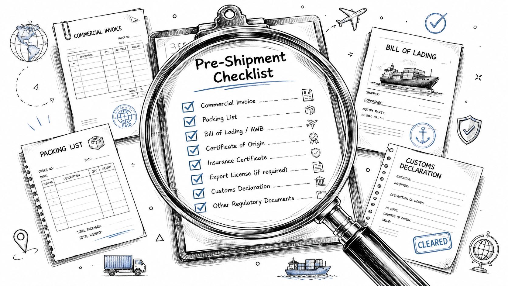 A magnifying glass focusing on a pre-shipment checklist for international logistics, surrounded by various shipping and customs documents.