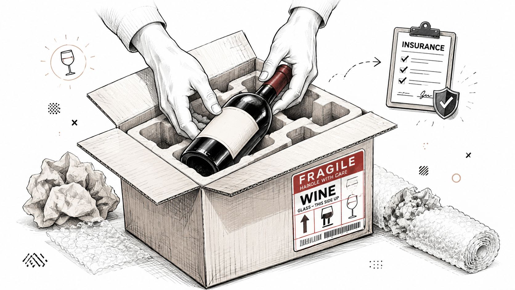 A detailed illustration of a person carefully placing a wine bottle into a protective cardboard shipping box.