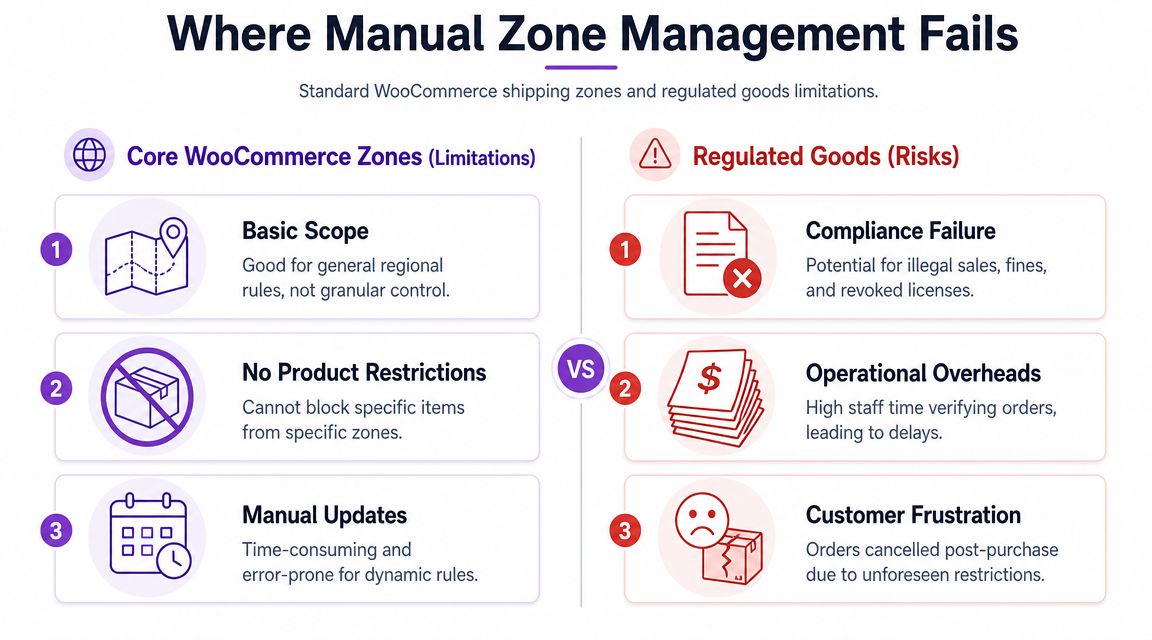 A comparison chart showing how manual WooCommerce shipping zone management leads to compliance risks and operational inefficiencies.