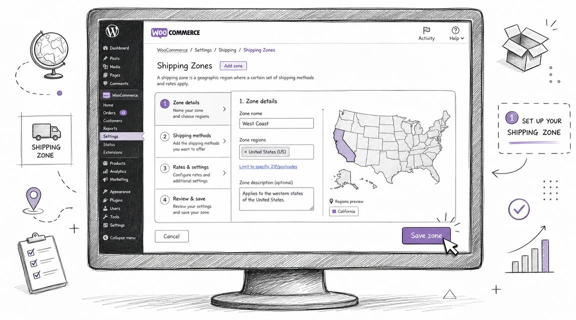 A digital illustration showing a computer monitor displaying the WooCommerce shipping zones settings panel for online stores.