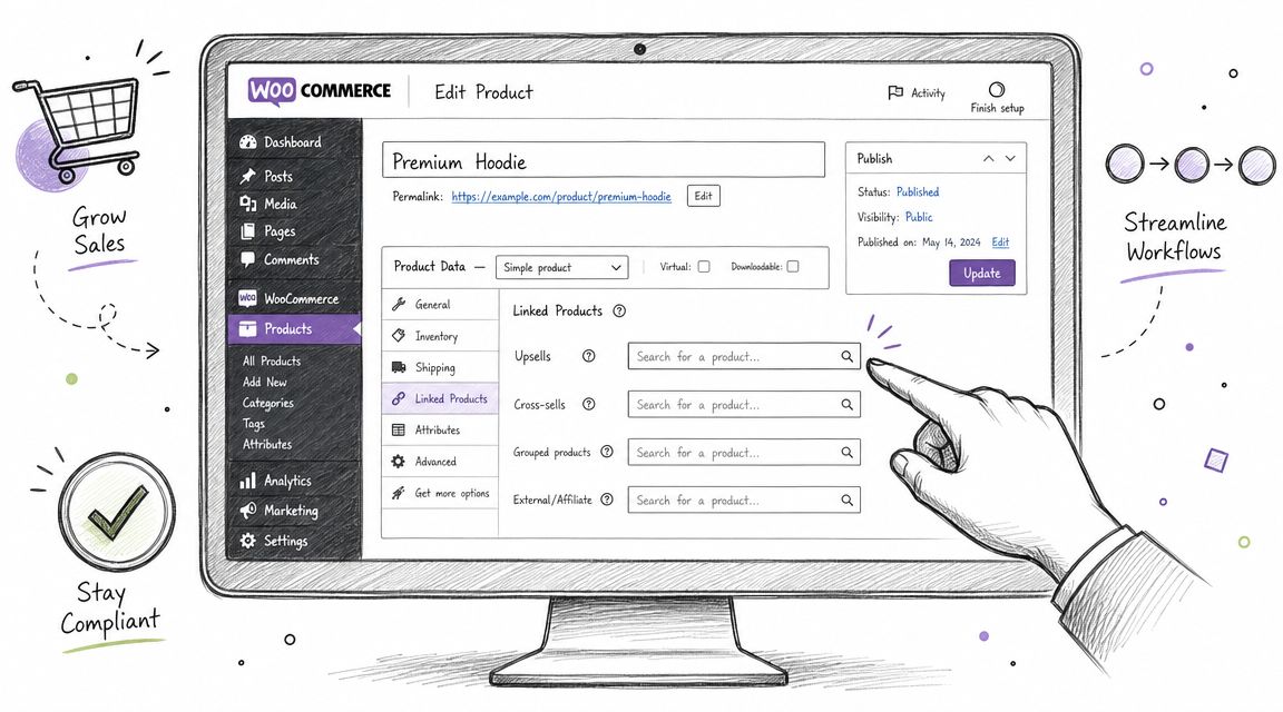 A hand selecting product options in the WooCommerce dashboard to configure up-selling and cross-selling features for products.