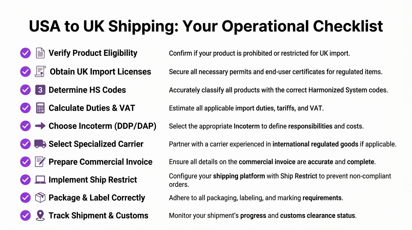 A ten-point checklist outlining the operational steps required for shipping products from the USA to the UK.
