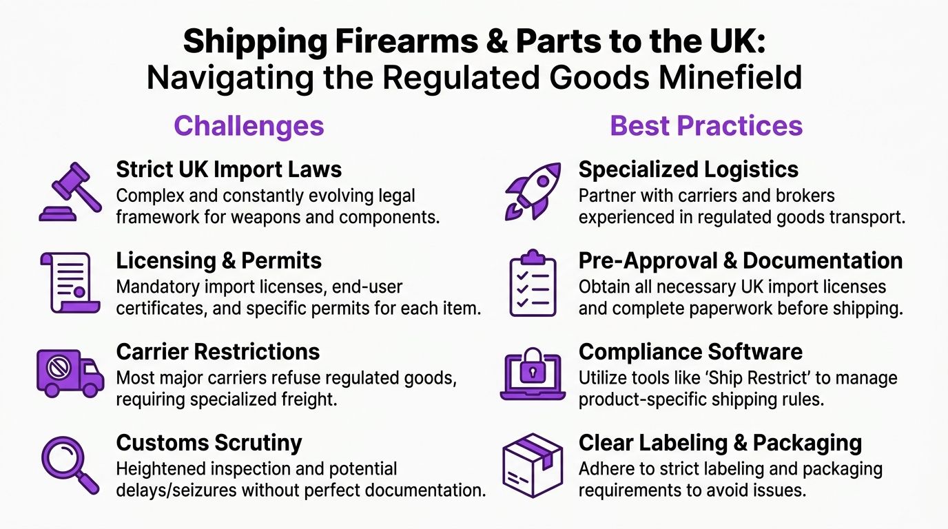 An infographic detailing challenges and best practices for shipping firearms and parts to the UK.