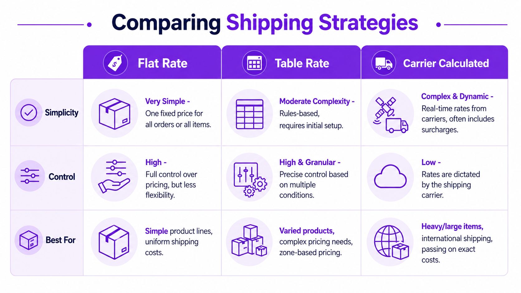 A comparison chart explaining the differences between flat rate, table rate, and carrier-calculated shipping strategies for businesses.