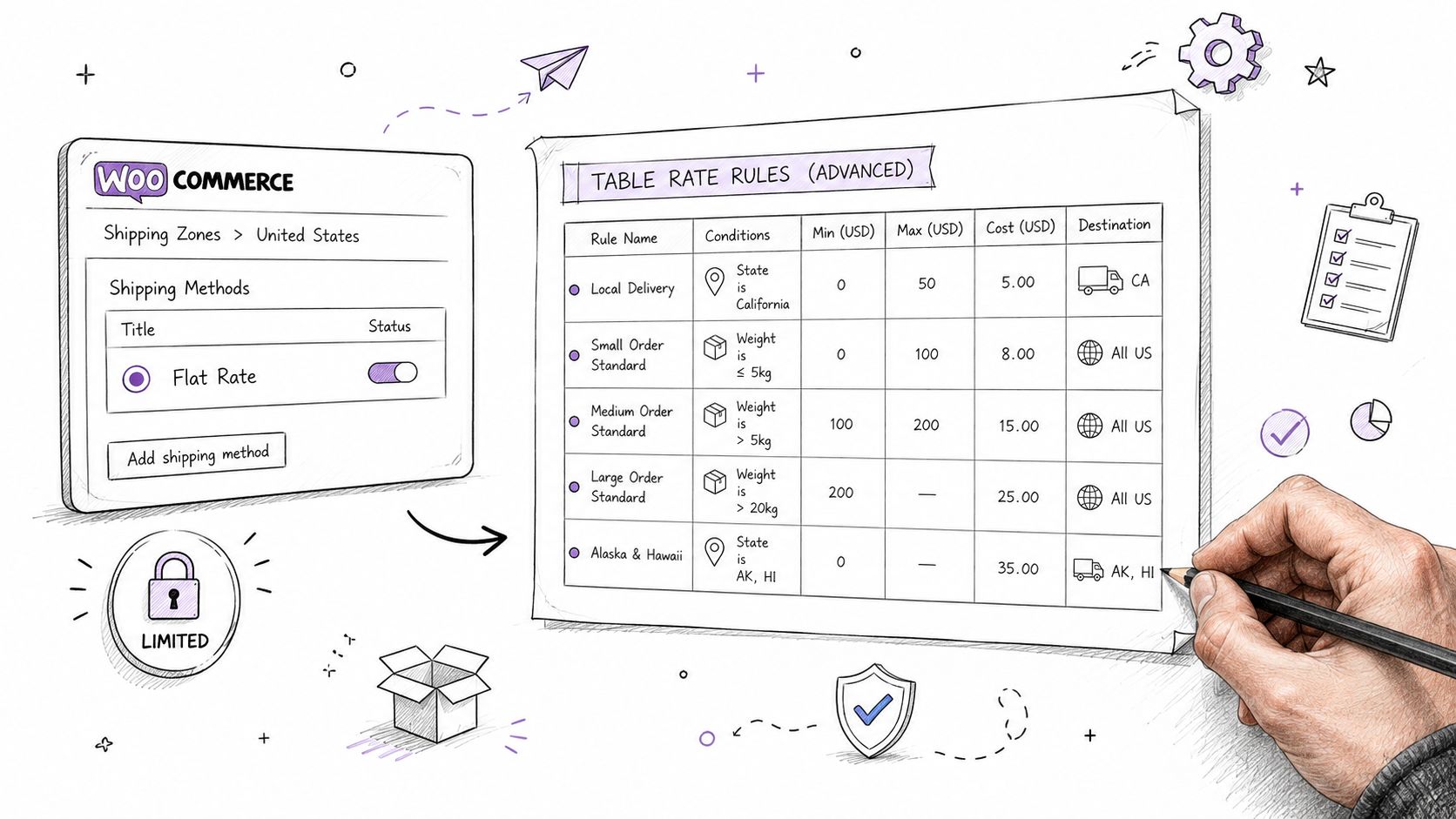A hand-drawn illustration showing WooCommerce shipping settings and a table of advanced rate rules.