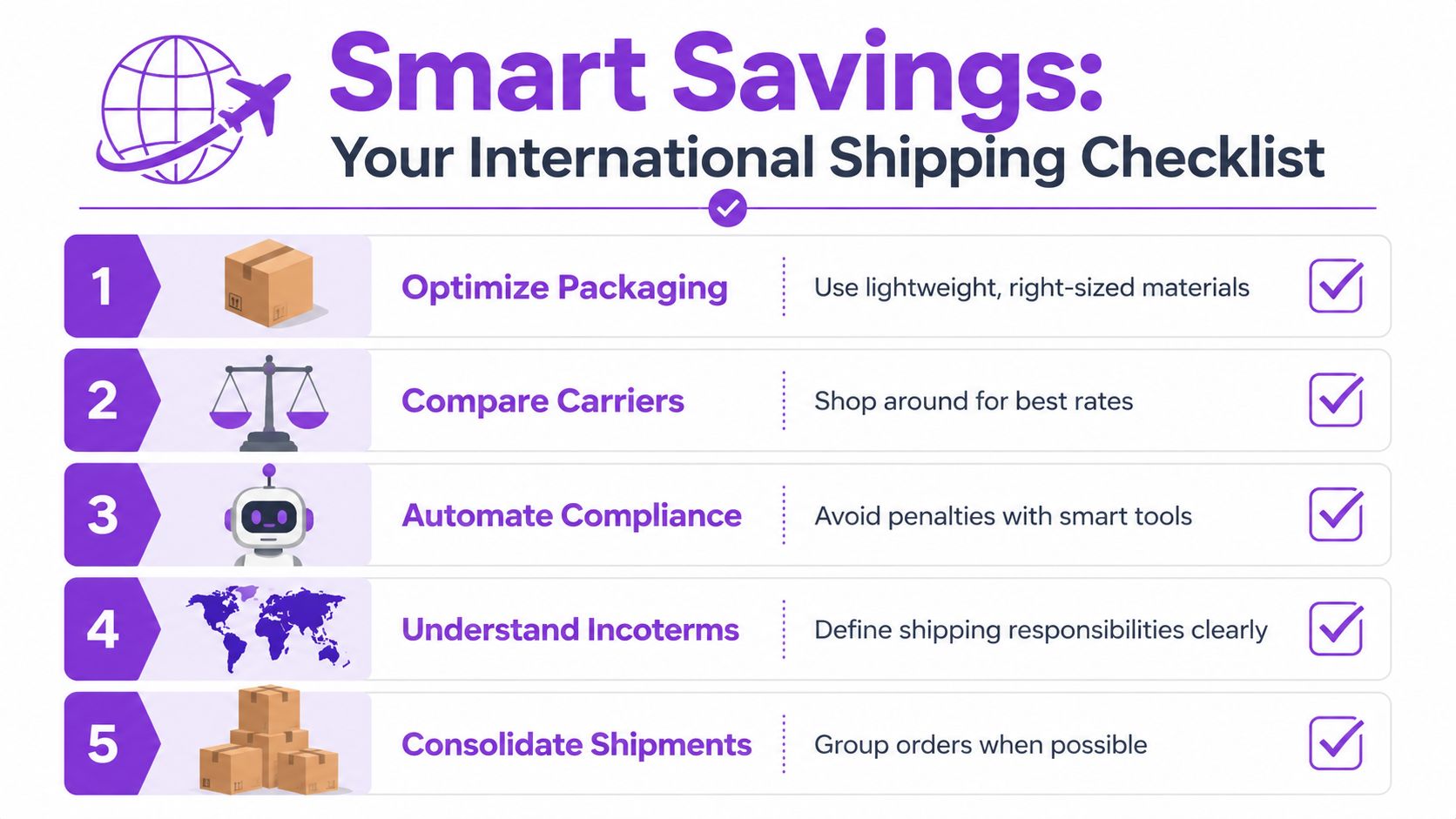 A five-step infographic providing smart tips for reducing international shipping costs for businesses.