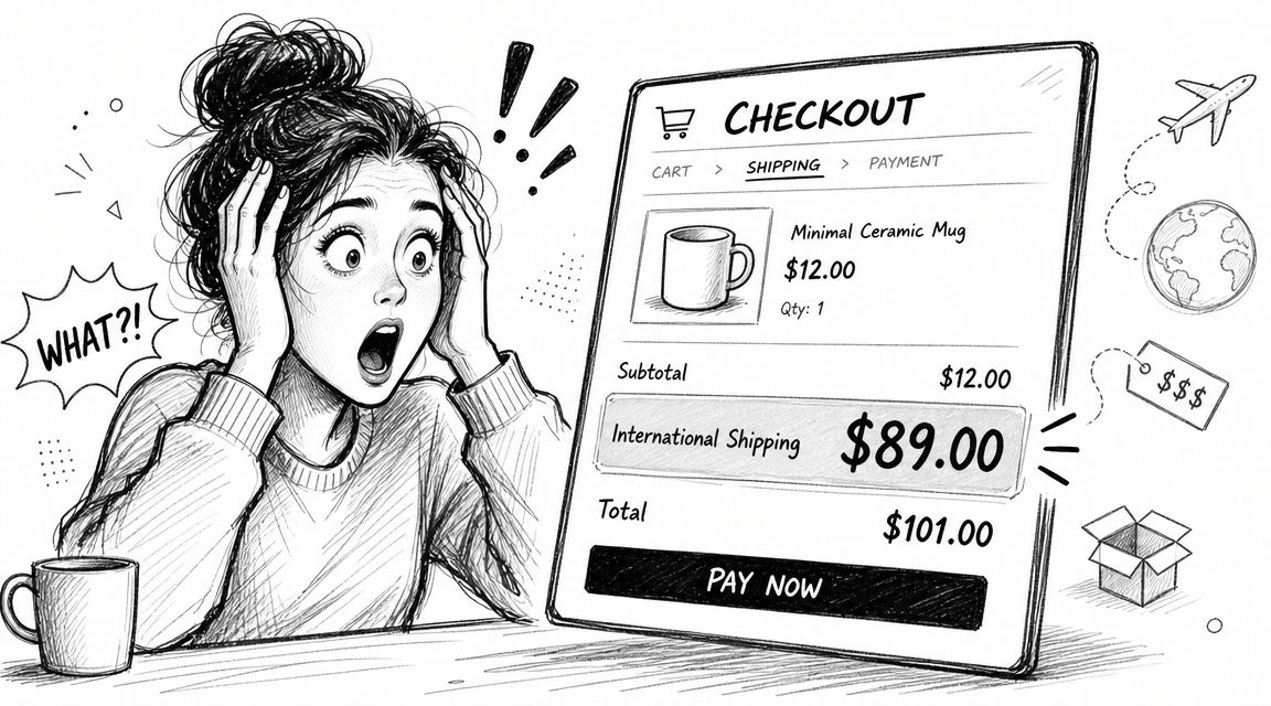 A woman looks shocked while viewing an expensive international shipping fee on a digital checkout screen.