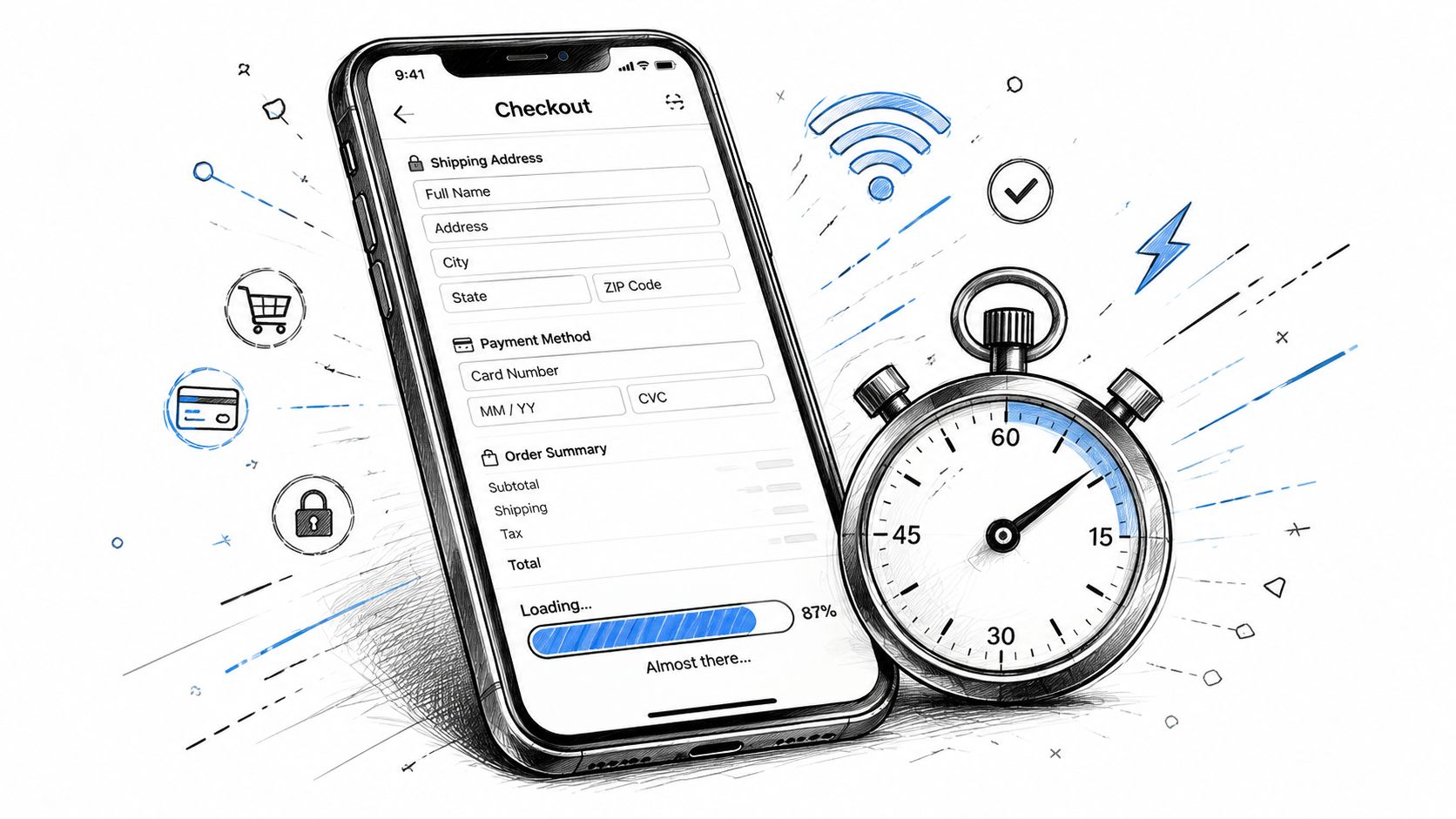 A smartphone displaying a checkout screen with a loading progress bar next to a mechanical stopwatch.
