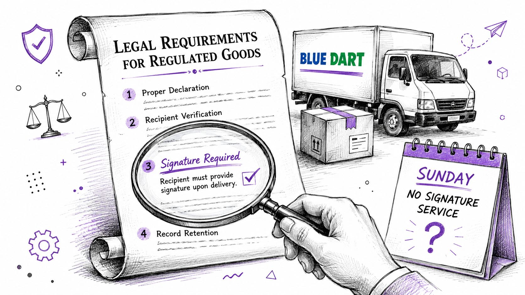 A hand holding a magnifying glass over a legal document listing shipping requirements for Blue Dart courier.