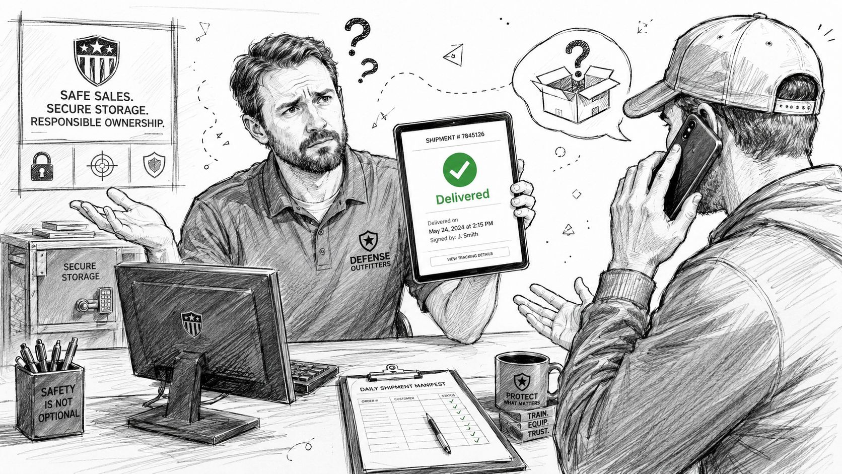 A store employee showing a delivery confirmation on a tablet to a concerned customer on the phone.