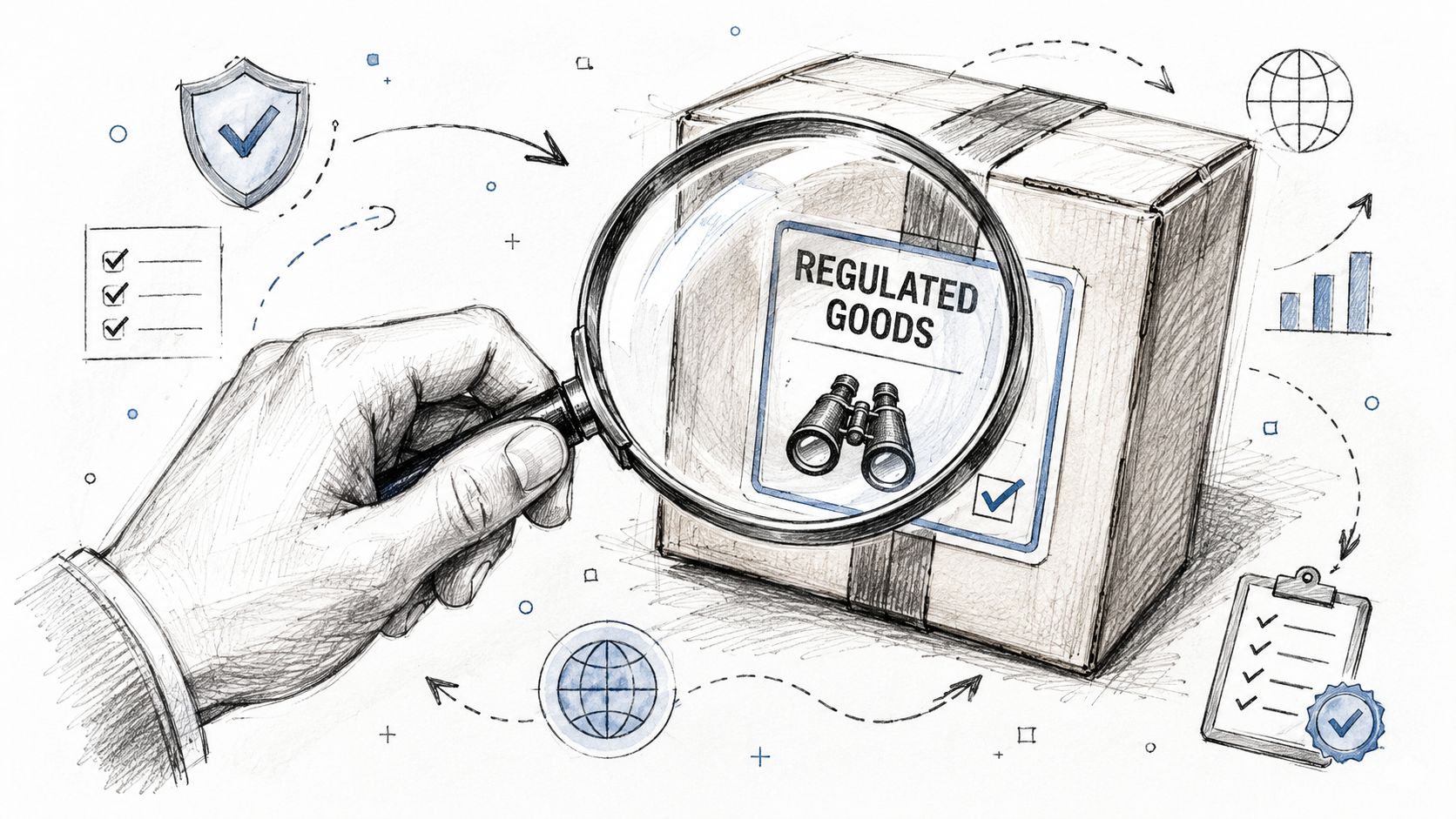A hand holding a magnifying glass inspecting a parcel labeled regulated goods with customs symbols.
