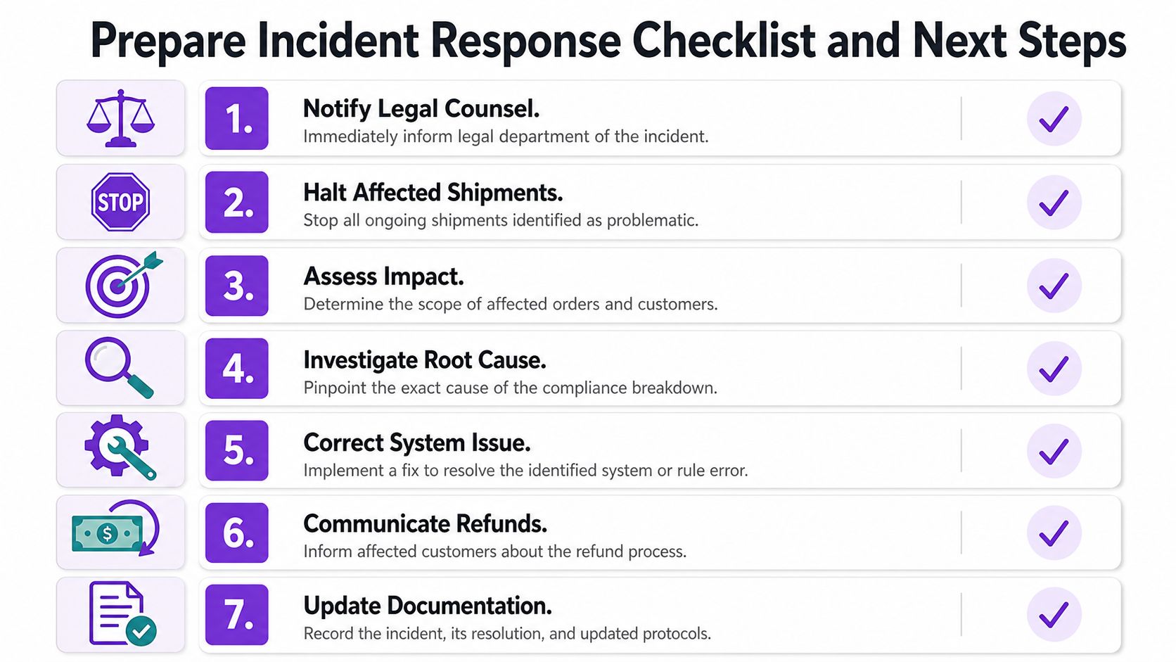 A seven-step incident response checklist for handling compliance breakdowns in a business shipping environment.