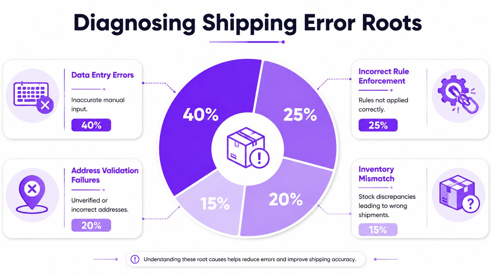 A pie chart showing common shipping error root causes like data entry errors, inventory mismatches, and address validation failures.
