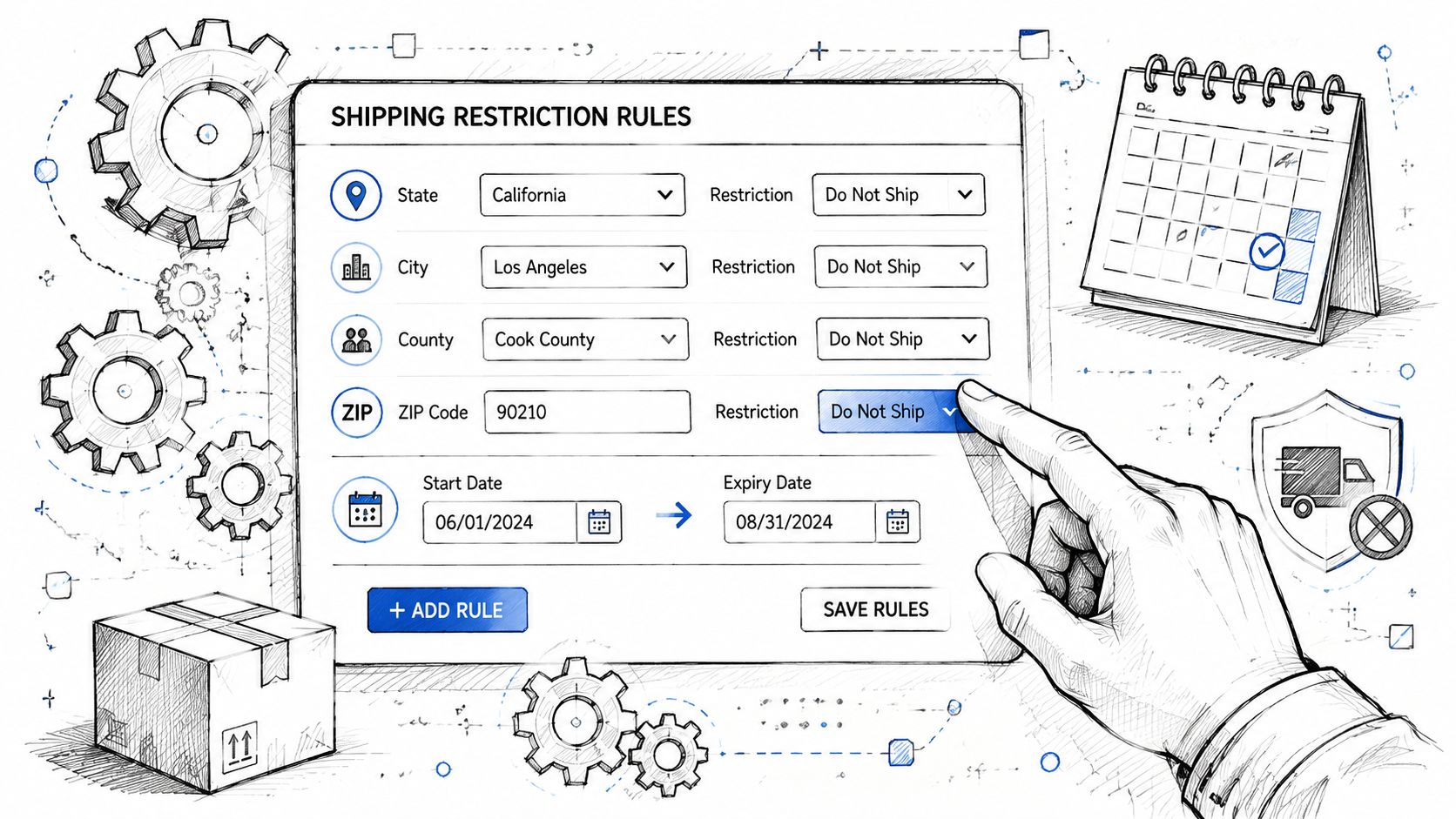 A digital interface illustration showing a user configuring shipping restriction rules for specific regions and dates.