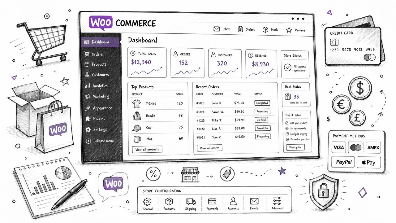 A hand-drawn illustration showing a WooCommerce dashboard interface surrounded by e-commerce icons like shopping carts and currency.