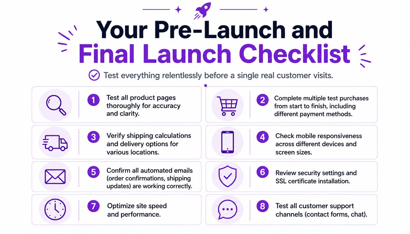 A pre-launch checklist for an online store, listing eight essential steps to ensure a successful business launch.