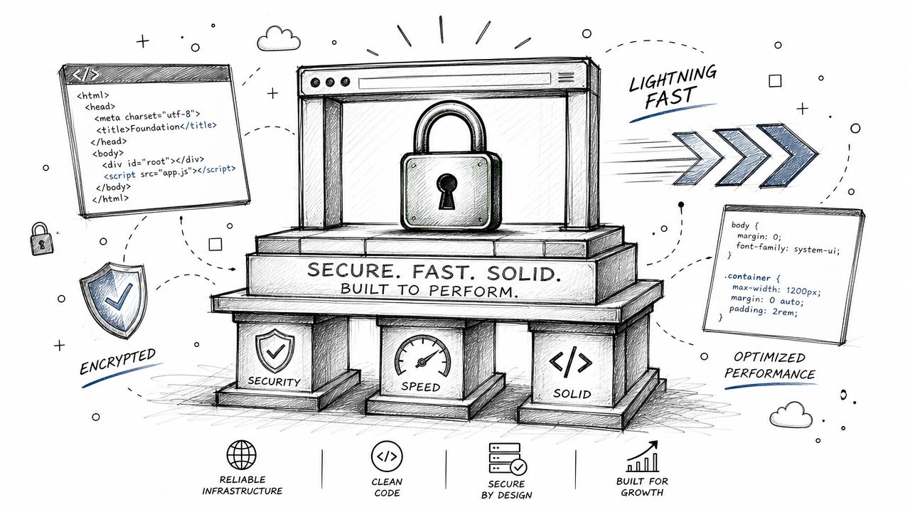 A hand-drawn illustration depicting secure, fast, and optimized web performance architecture with code snippets and icons.