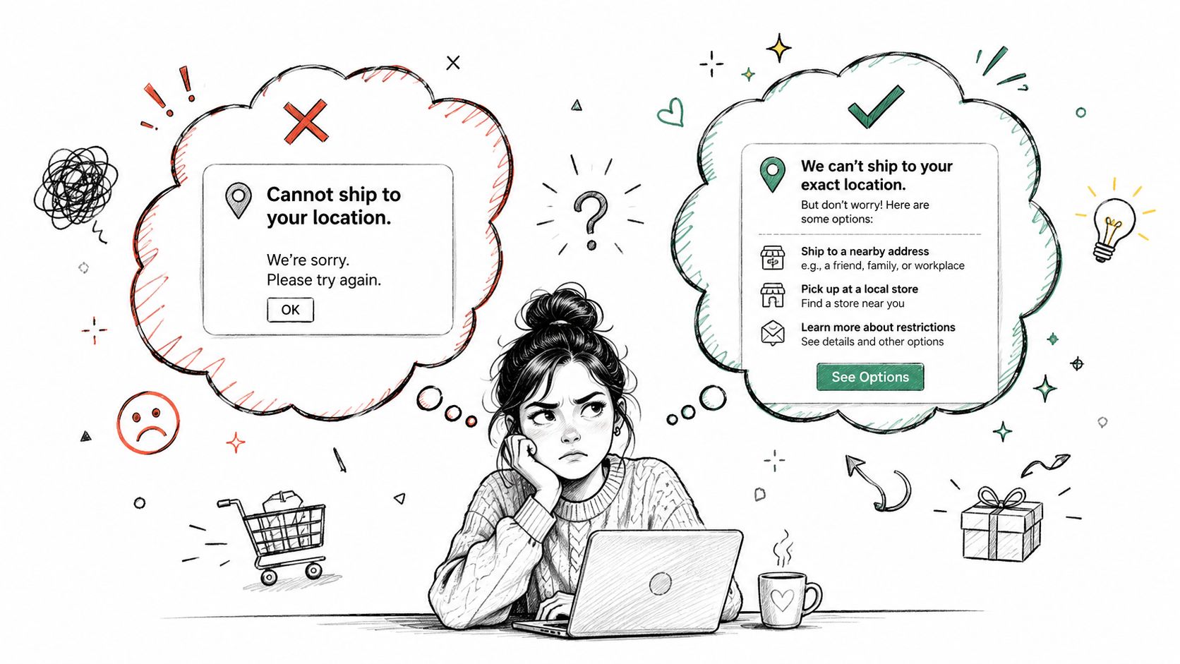 A woman looks frustrated at a laptop, comparing a restrictive shipping error message with a helpful alternative.