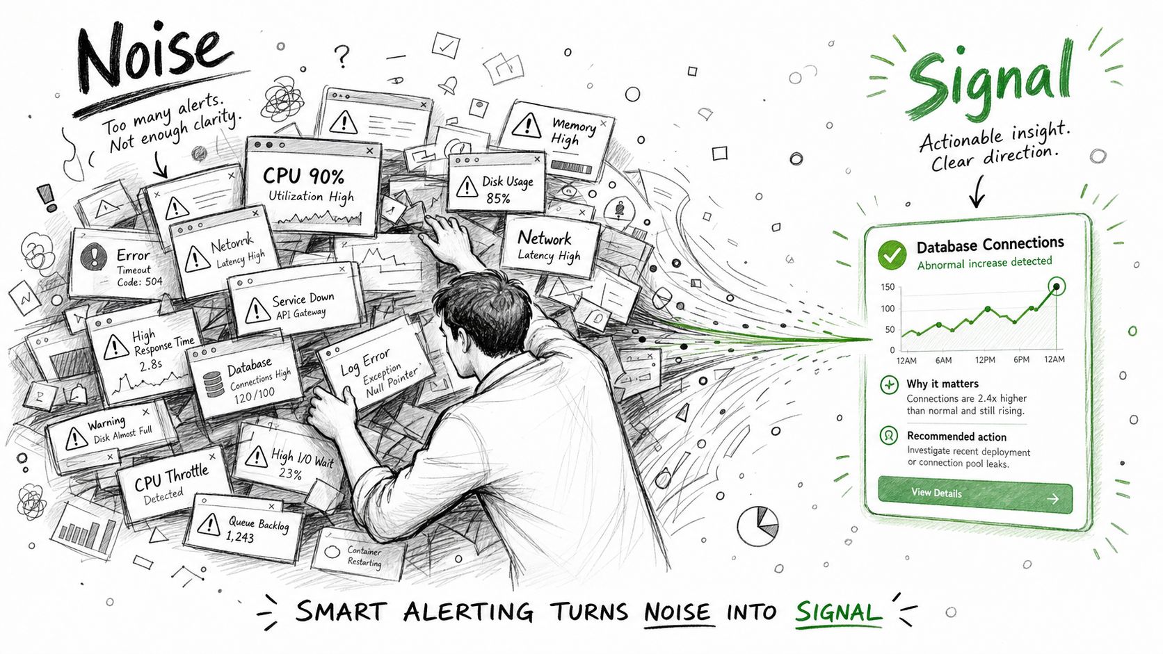 A hand-drawn illustration showing a person filtering cluttered IT alerts into a single actionable performance signal.