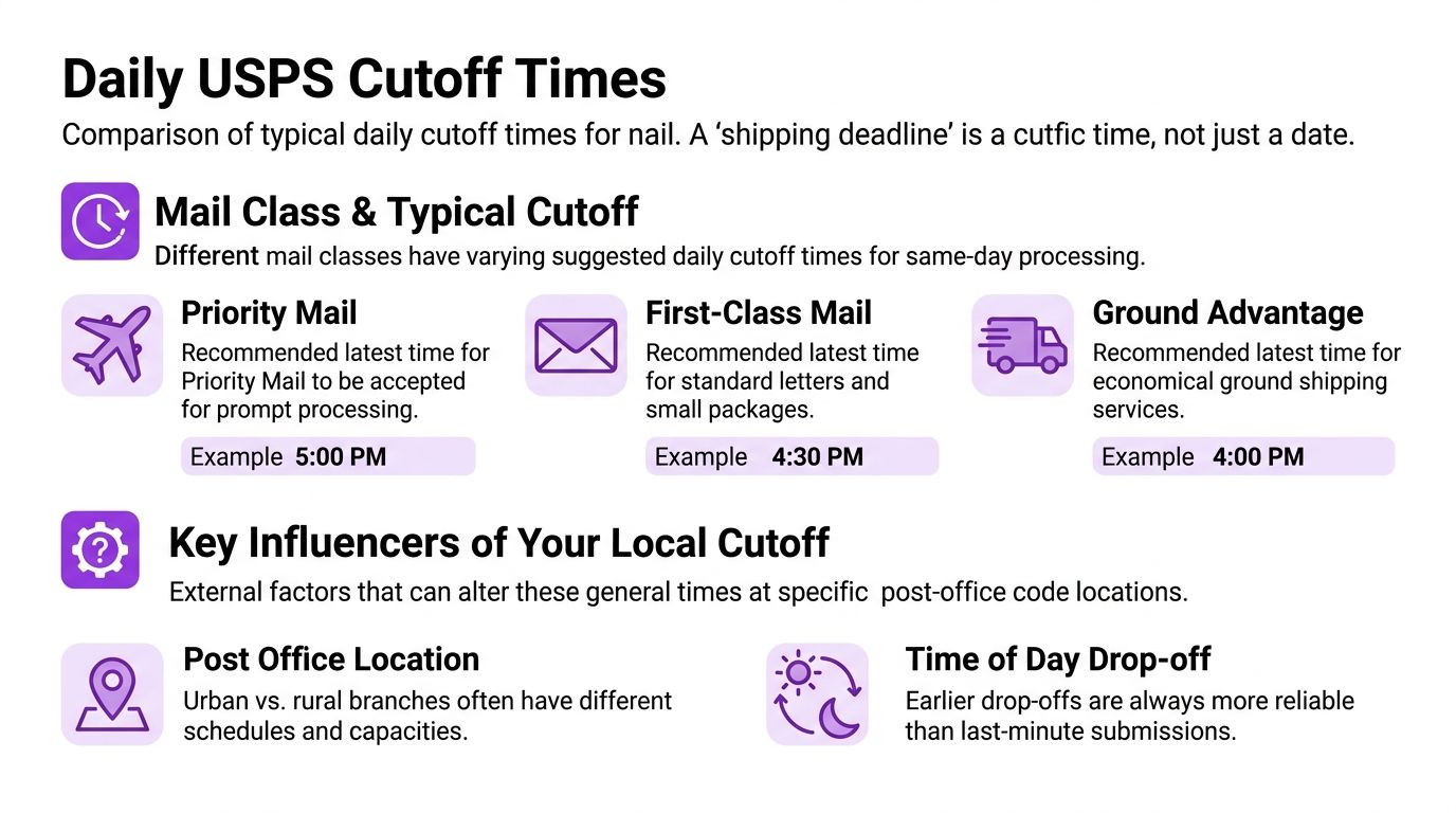 An infographic showing daily USPS shipping cutoff times for various mail classes and key local influencing factors.