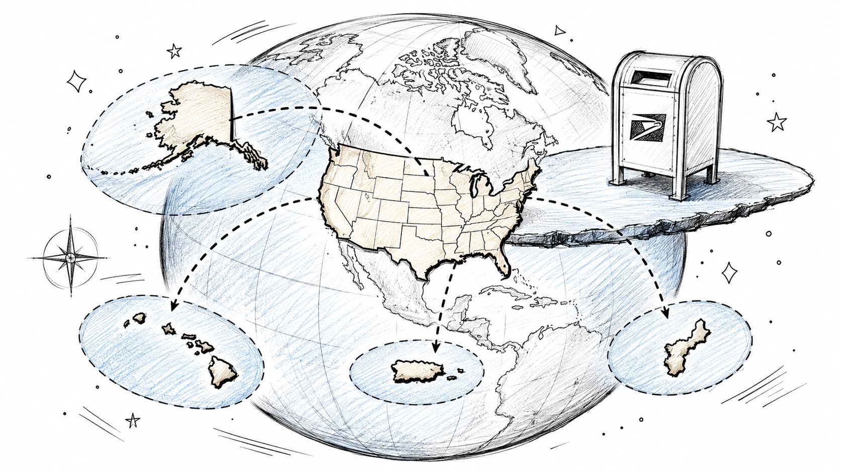 A map illustration showing USPS connections between the mainland United States and various US territories and states.