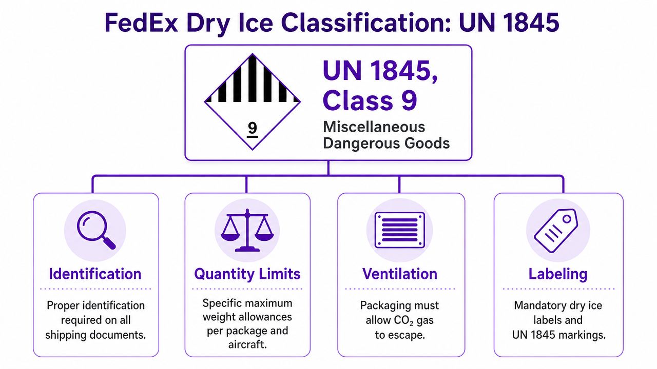 An infographic showing the FedEx dry ice classification UN 1845 guidelines for safe shipping.