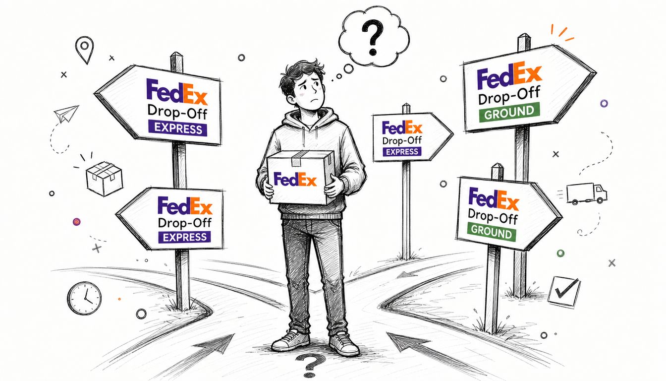 A confused person holding a FedEx package standing at a crossroads with various FedEx drop-off signs.