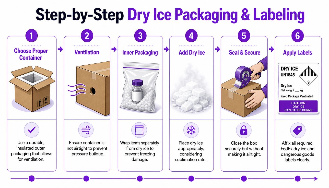 A six-step infographic illustrating the proper procedure for packaging and labeling dry ice for shipping.