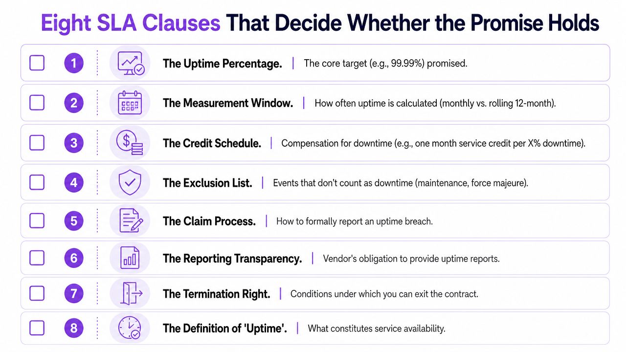 An infographic titled Eight SLA Clauses That Decide Whether the Promise Holds, listing eight key components of service level agreements.