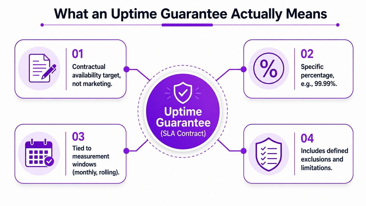 A diagram explaining that an uptime guarantee is a contractual SLA defining service availability and limitations.