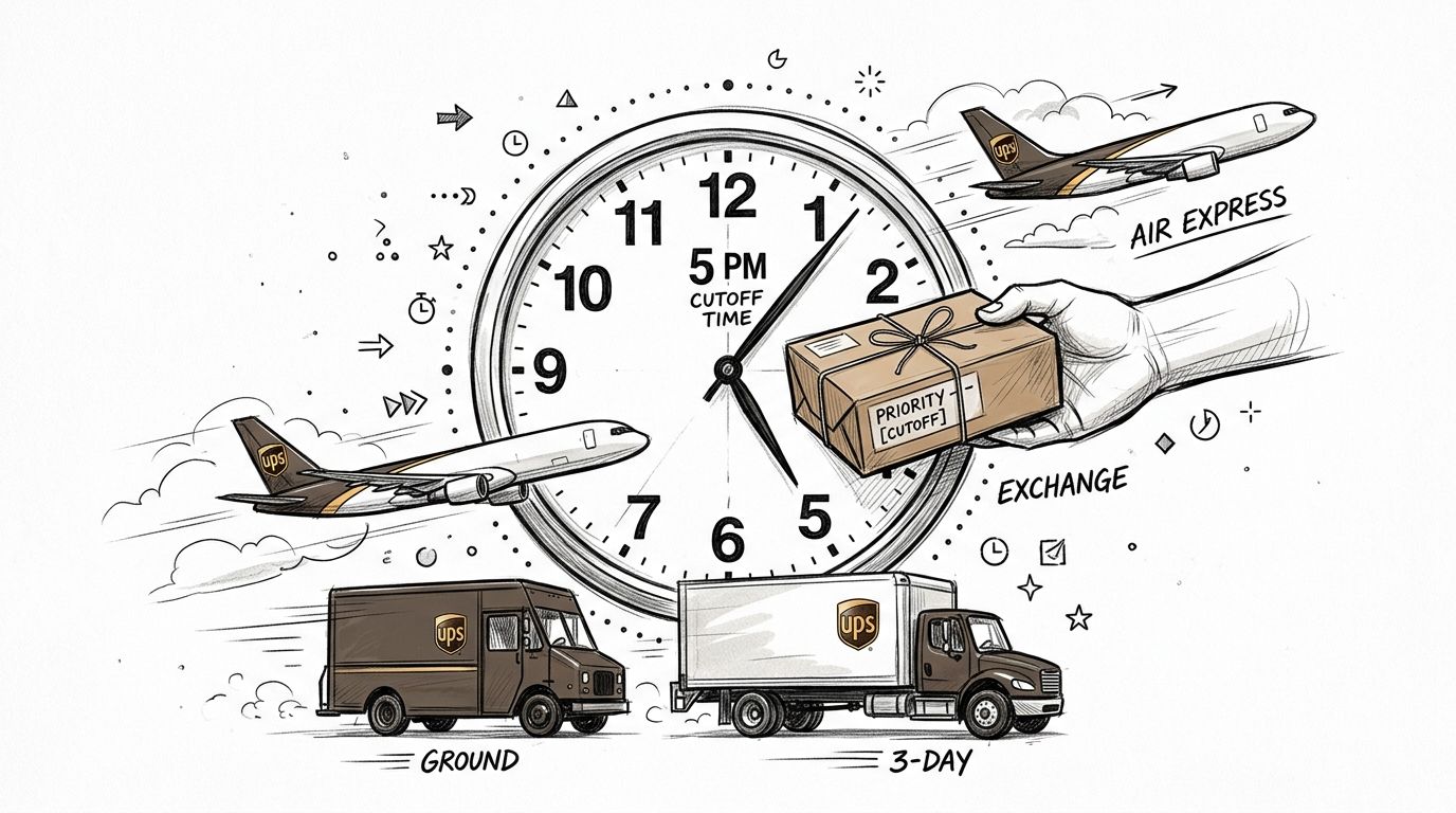 A clock showing a 5 PM cutoff time surrounded by UPS delivery vehicles and an airplane illustration.