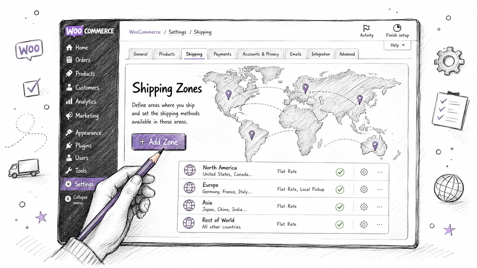 A hand holding a pencil over a WooCommerce dashboard screen showing a map with shipping zones interface.