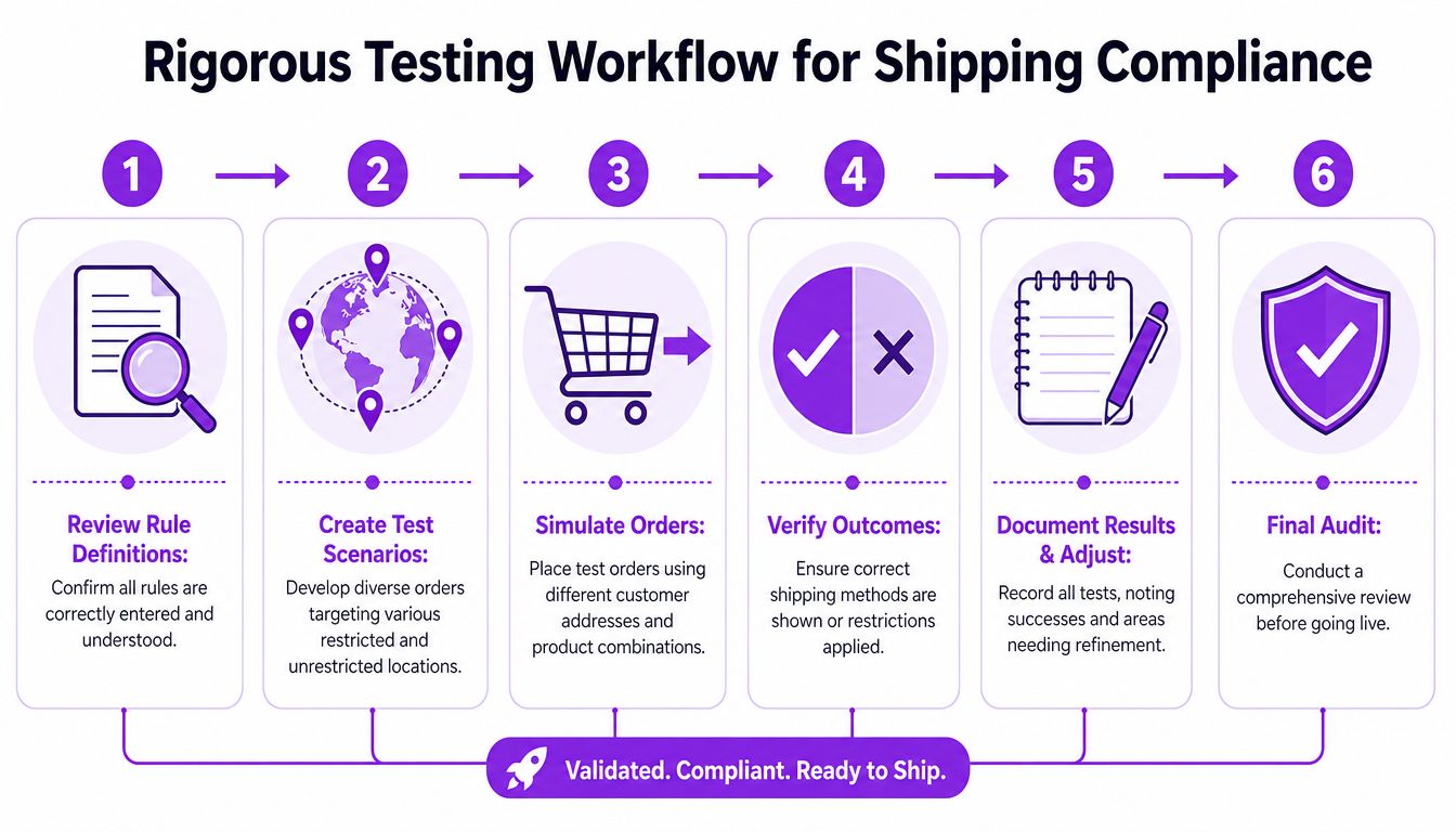 A six-step infographic illustrating a rigorous testing workflow process for ensuring shipping compliance for e-commerce.