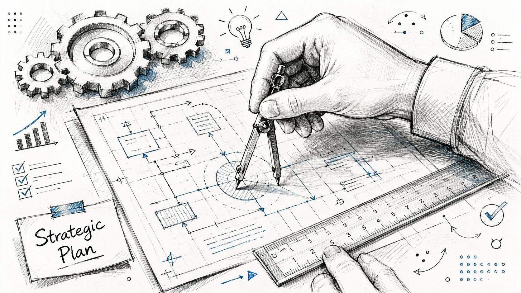 A hand using a compass and ruler to draw a technical blueprint for a strategic plan.