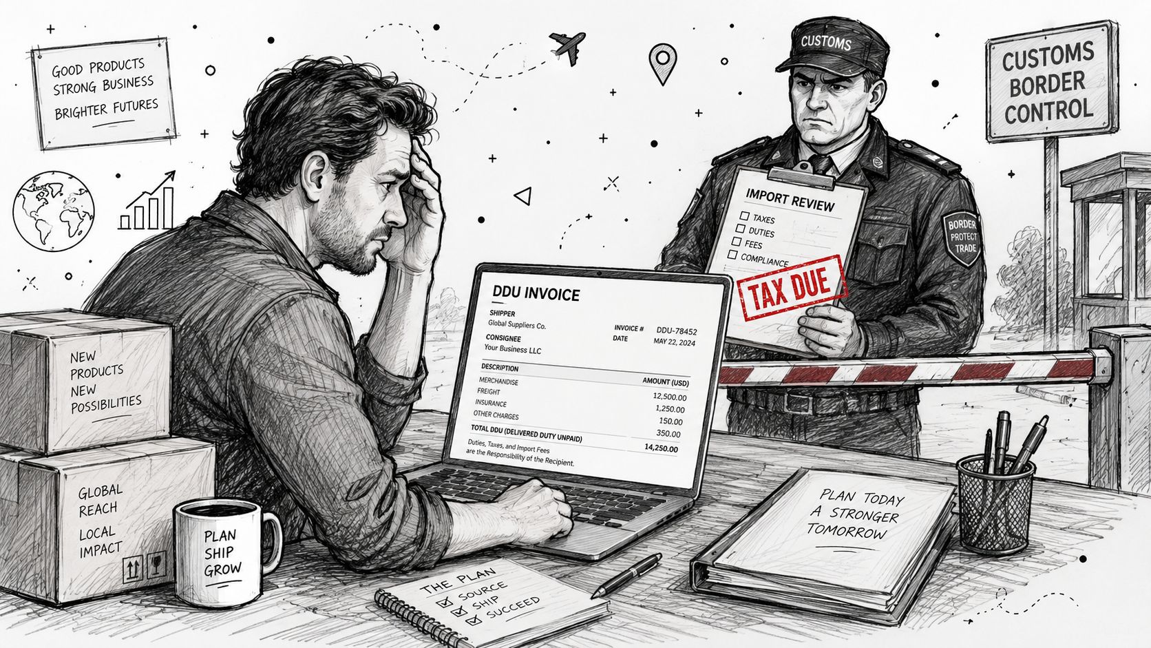 An illustration of a stressed business owner reviewing a DDU invoice while a customs officer monitors shipment.